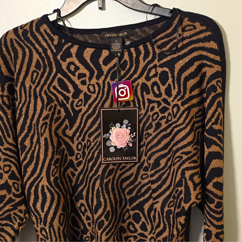 Carolyn Taylor Women's Black Brown Metallic Animal Print Sweater M #313